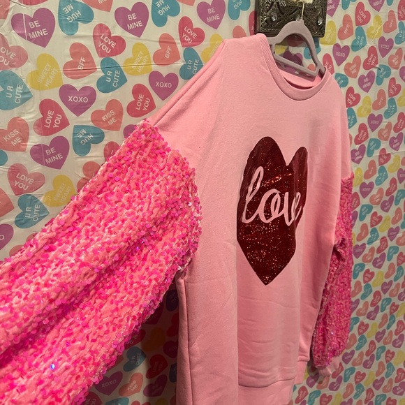Pink valentines long sleeve, red love heart sparkle, pink sequin sleeves - Picture 3 of 8